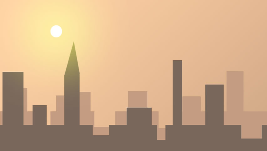 A screenshot of the same city made in Adobe Photoshop as seen above, but now with a sun